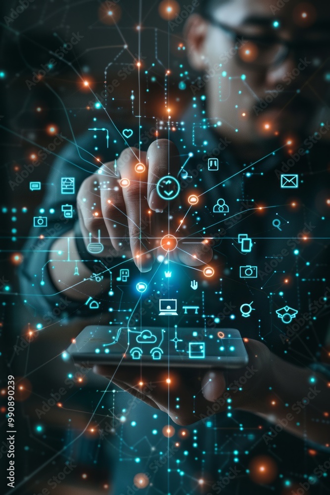 Poster person interacting with digital interface displaying various app icons and network connections in a 