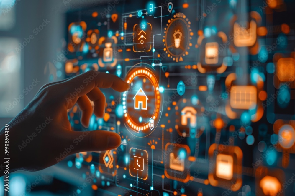 Poster a hand interacting with a digital interface featuring home control icons in a modern smart home sett