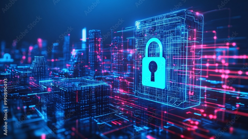Poster digital lock symbol on a futuristic data network background.