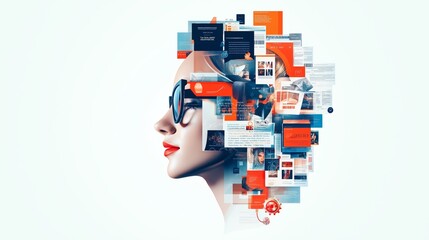 Profile of a woman with glasses surrounded by digital data, showcasing a data-driven marketing campaign, blending human creativity with analytical insights for modern business strategy.