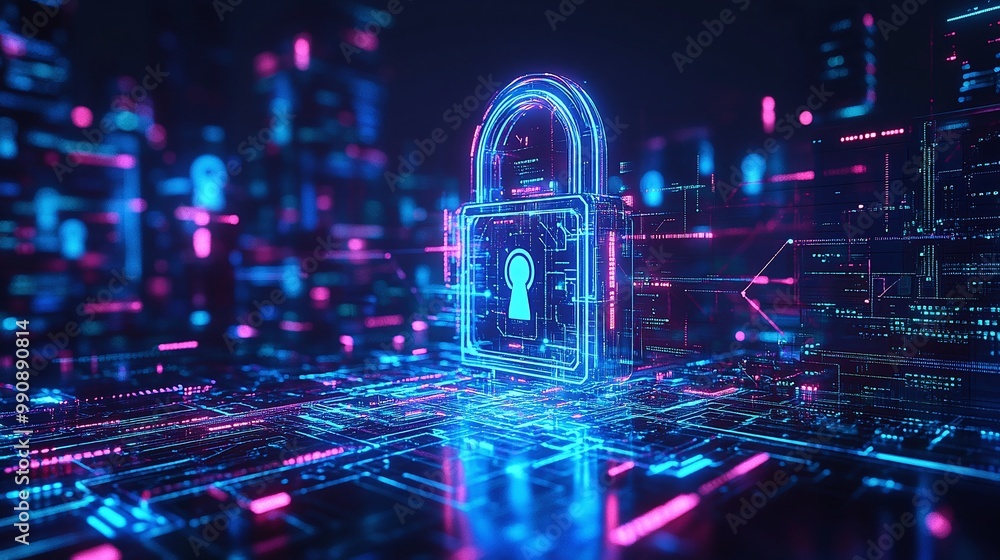 Poster digital lock symbolizing cybersecurity and data protection