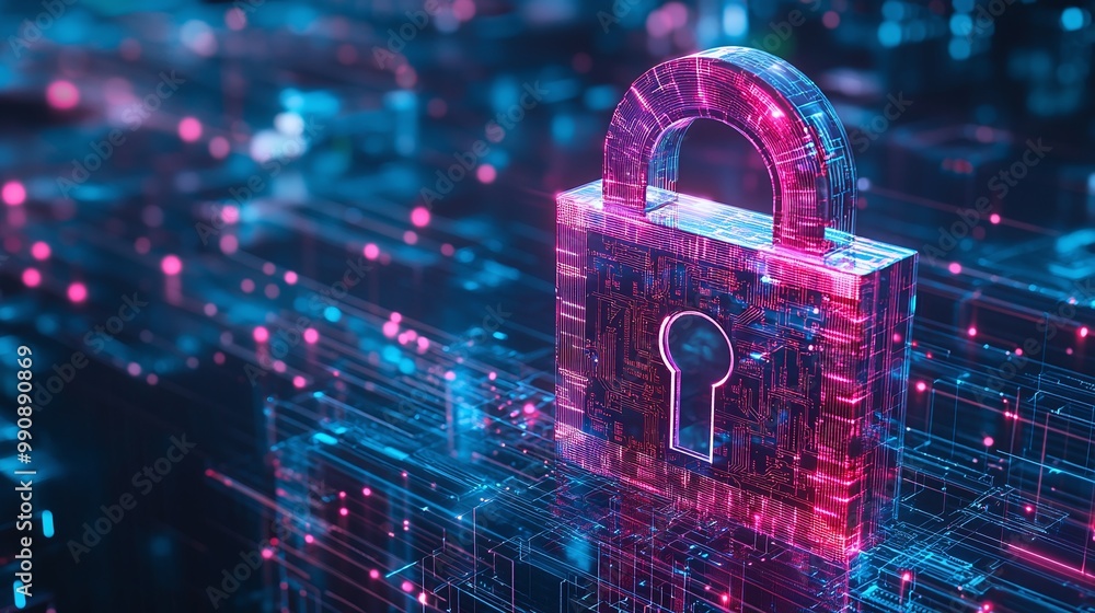 Poster digital lock with data flow, secure technology concept.
