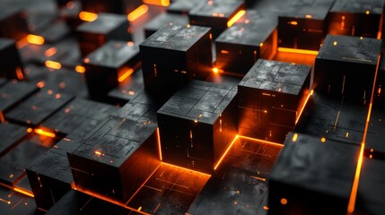 Fototapeta premium Abstract composition of glowing orange lines and dark geometric cubes in an artistic digital arrangement