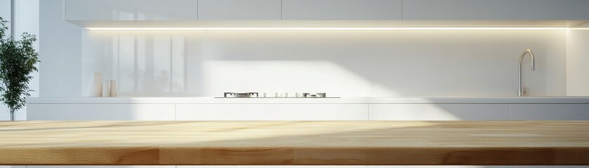 Modern Minimalist Kitchen with Wooden Countertop and Sleek White Cabinets in Sunlit Interior