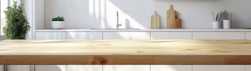 Modern Minimalist Kitchen with Wooden Countertop and White Cabinets in Bright Natural Light