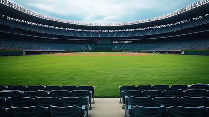 Obraz premium background with a vacant baseball stadium, showcasing neatly arranged seats, a well-maintained diamond, and a calm, open space