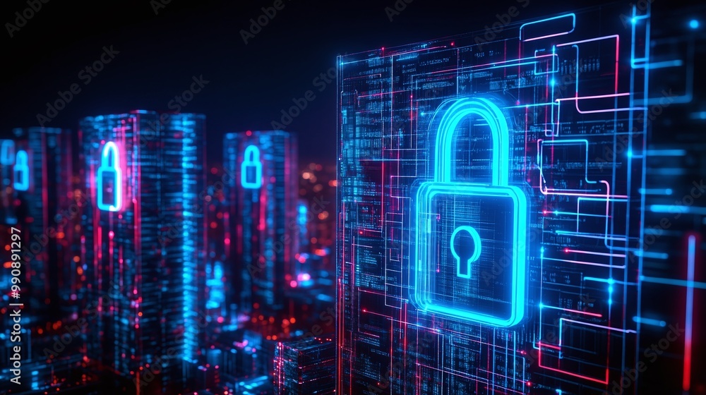 Poster digital padlock glowing on a cyber security background