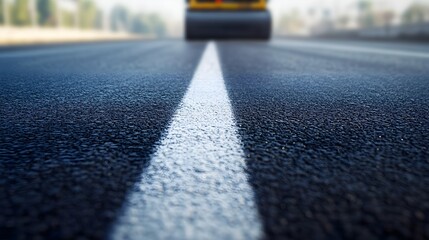 Photograph of a road painting machine applying bright white lines on a freshly paved asphalt road with clear and precise markings stretching into the distance isolated on a smooth urban background