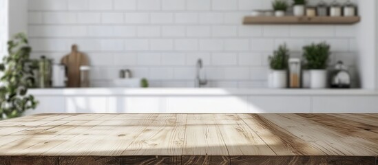 Rustic Wooden Tabletop in Modern White Kitchen with Plants and Shelves in Background