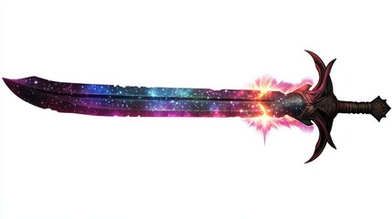 Obraz premium A mystical sword with a cosmic design, featuring vibrant galaxy colors and a powerful aura, perfect for fantasy-themed projects.