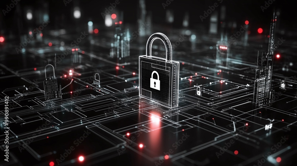Poster digital padlock on a network background, securing data connections.