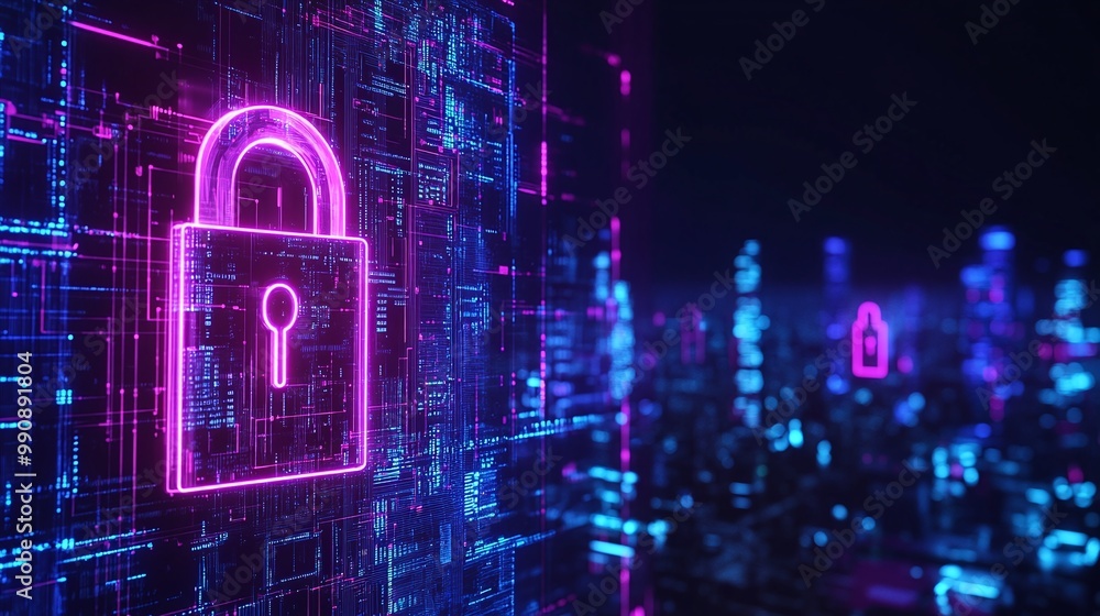 Poster digital padlock symbol representing cybersecurity, abstract background