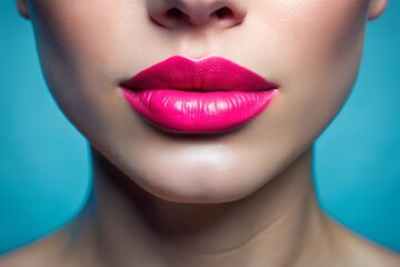 Fototapeta premium beauty portrait of pink lips against a blue background, soft light creating a gentle contrast, close-up of a female model's mouth with pastel lipstick, perfect for beauty and fashion concepts