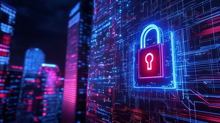 Digital padlock symbol with neon effect on urban background