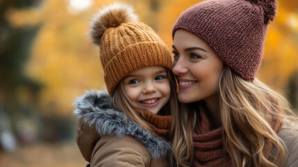 Fototapeta premium Smiling young woman and little girl walking in the park in autumn.