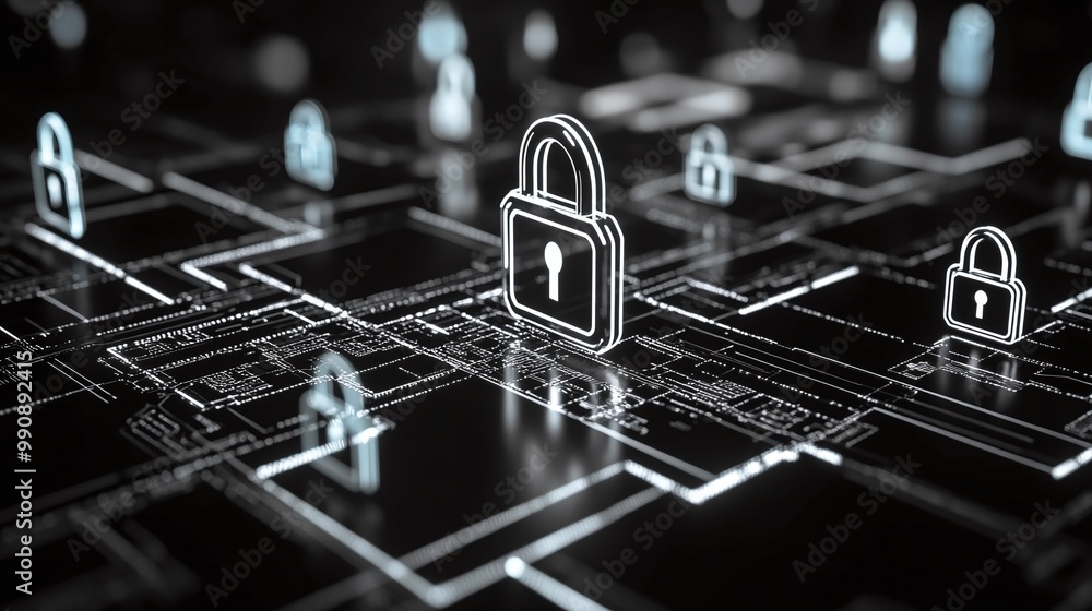 Aufkleber digital security concept with locks on a dark grid background.