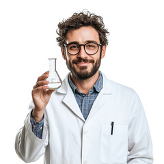 Male scientist in lab coat holding beaker isolated on transparent background