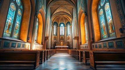 Fototapeta premium Church interior filled with reverent religious atmosphere and art