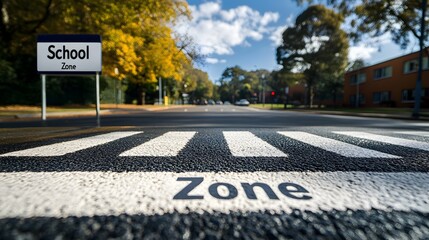 Freshly Painted Zebra Crossing in Front of School with Clear White Stripes on the Road and a Prominent School Zone Traffic Safety Sign in a Busy Yet Safe Environment Background