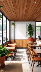 Fototapeta premium A restaurant with wooden tables and chairs and plants.