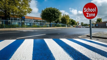Freshly painted zebra crossing with clear white stripes on the road in front of a school with a School Zone sign nearby in a busy yet safe environment