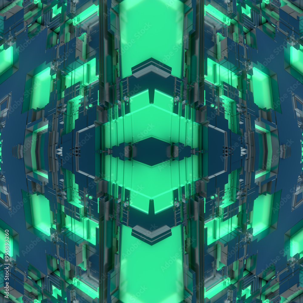 Poster Abstract symmetrical technogenic scene where strict geometric shapes create green blocks that form an ordered structure. Clean lines emphasize modern design and minimalism. 3d rendering illustration