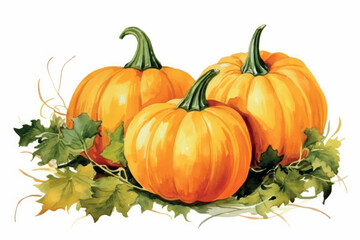 Autumn pumpkins with green leaves