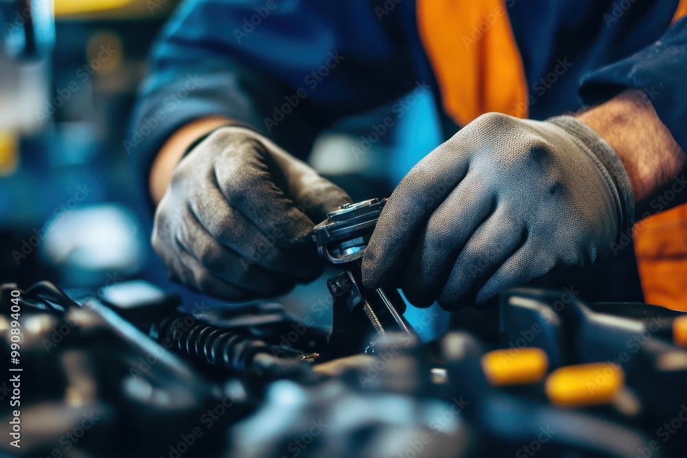Aufkleber a mechanic working on machinery, adjusting a component with precision tools.
