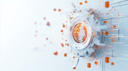 Obraz premium Modern dynamic tech-inspired circular interface with white and orange elements, featuring abstract digital design and floating data cubes on a white background for futuristic themes.