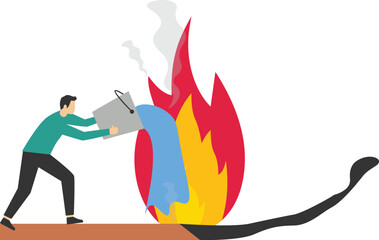 creative idea to solve problem, save assets from financial crisis or economic recession, stop loss to avoid market crash or banking collapse, Businessman extinguishes fire on match sticks using water
