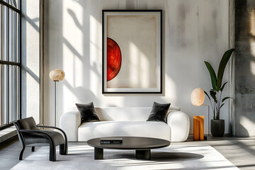 Japandi, minimalist interior design of modern living room with art frame.