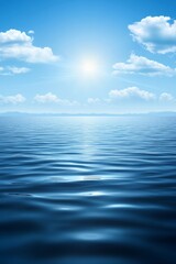 Obraz premium Tranquil Deep Blue Ocean with Soft Ripples, Sunny Sky and Clouds, Nature Background for Design