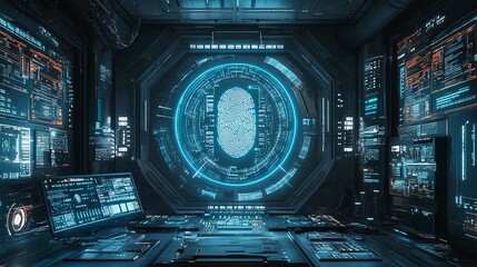 Obraz premium Futuristic digital interface with glowing screens and monitors.