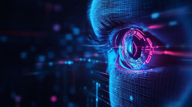 Futuristic eye with digital effects, high-tech background.