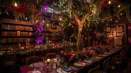 An anniversary event for an amazing fairy with an academic design and spell book themed decorations