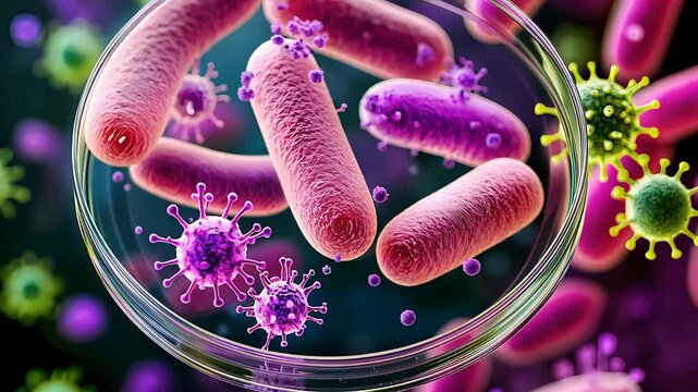 Microscopic view of bacteria and viruses in a petri dish, showcasing microbial organisms, infection research, and biological studies.

