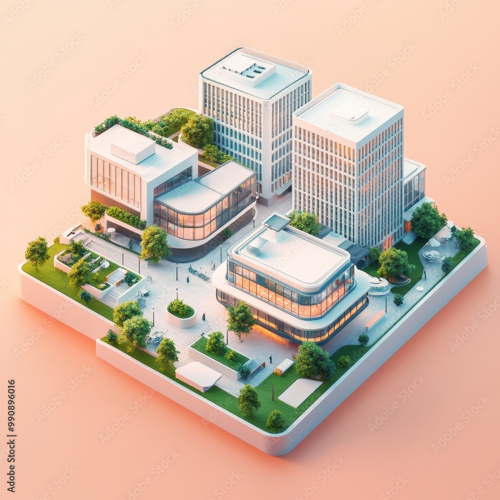 Poster a modern architectural complex featuring multiple buildings, green spaces, and pathways.