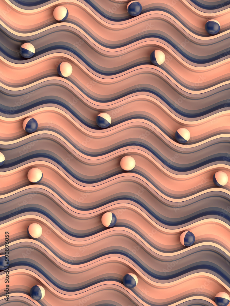 Aufkleber digital illustration with colored spheres on a surface with winding grooves in a trendy orange-purpl