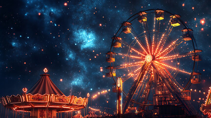 Brightly lit carnival Ferris wheel and other rides against a backdrop of a starry night sky
