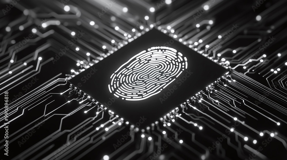 Poster circuit board with fingerprint pattern, black isolate background digital identity privacy.