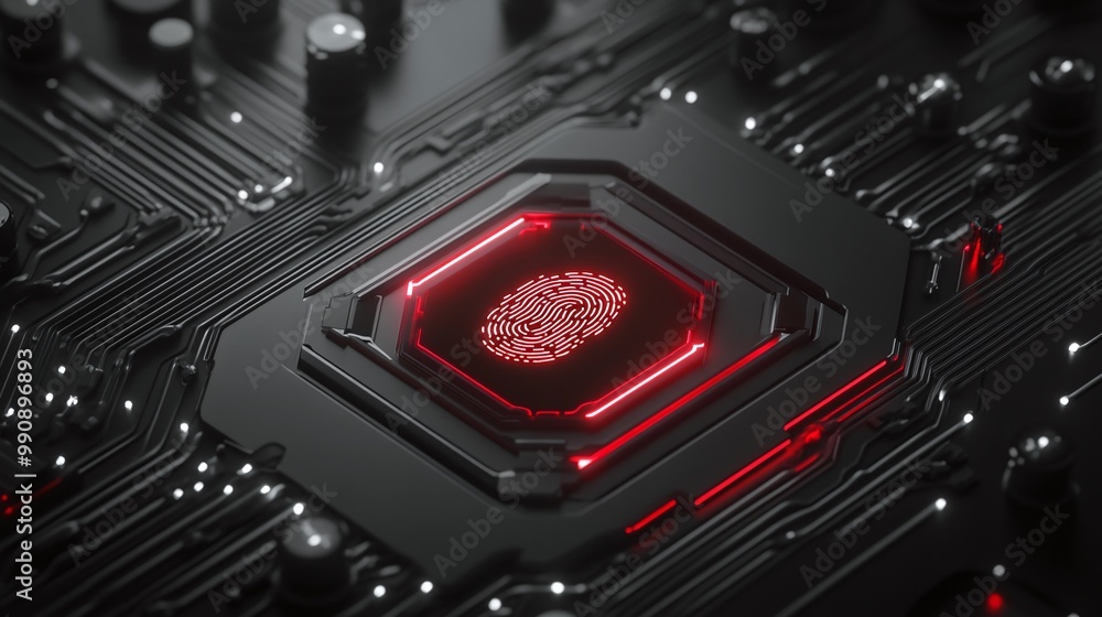 Poster circuit board with a glowing microchip and intricate details. digital identity privacy.