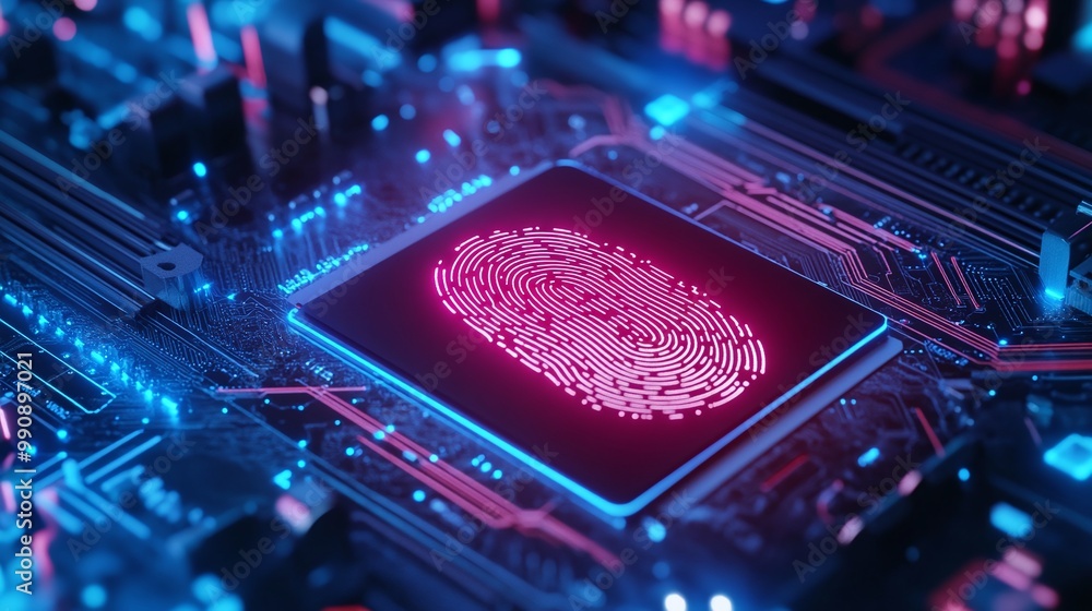 Poster close-up of a fingerprint on a circuit board, futuristic design. digital identity privacy.
