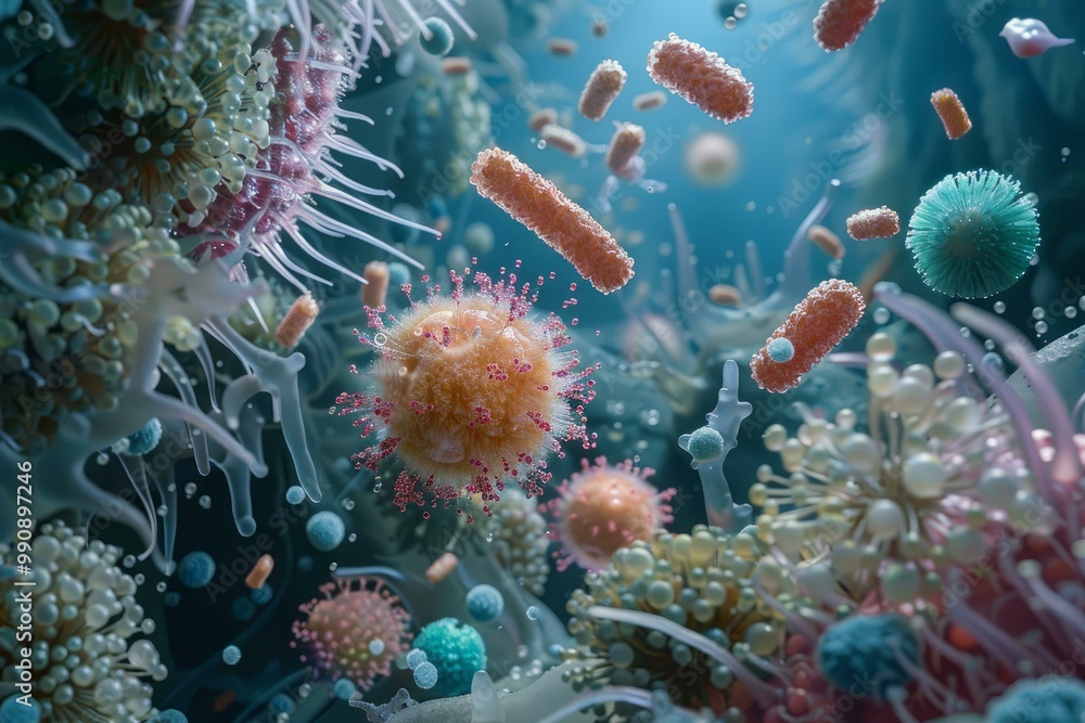 Aufkleber 3d rendering of different kinds of viruses and bacteria floating in a body