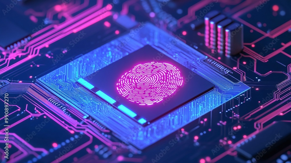 Poster close-up of a microchip with a glowing fingerprint design. digital identity privacy.