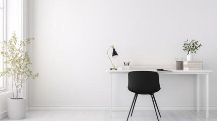 Minimalist home office featuring a sleek black chair, white desk, and a single desk lamp, with minimal decor and clean lines