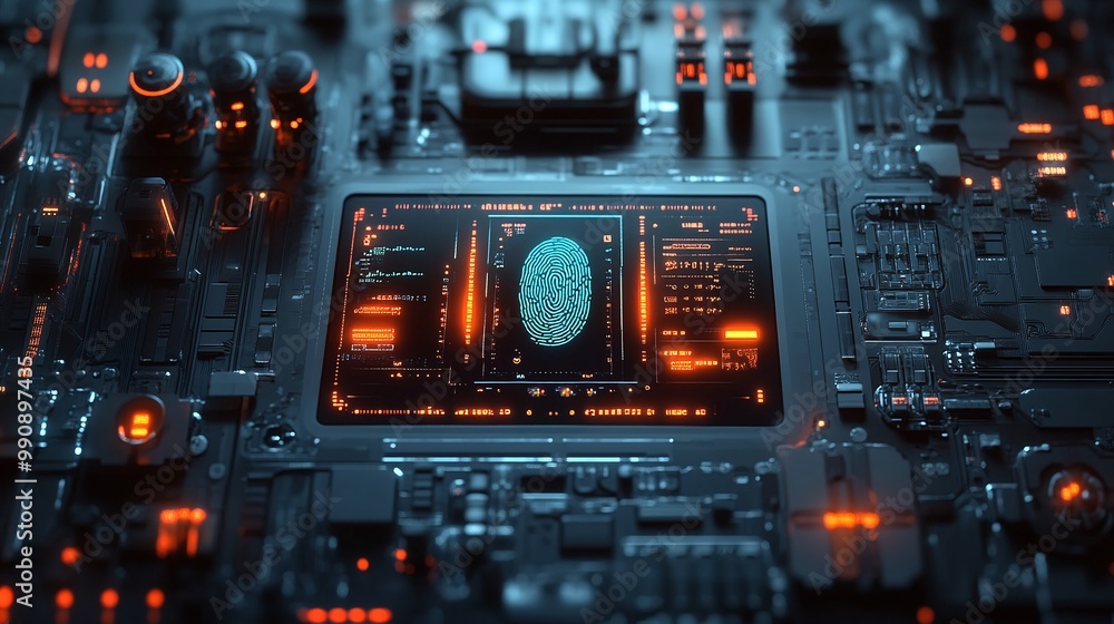 Aufkleber close-up view of a circuit board with glowing elements. digital identity privacy.