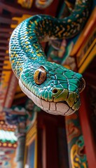 Obraz premium Green Wooden Snake Statue Adorning Traditional Chinese Temple for 2025 Chinese New Year Festivities