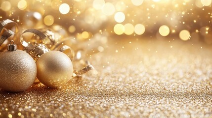 A beautiful scene featuring golden ornaments and sparkles, perfect for holiday celebrations and festive decorations.