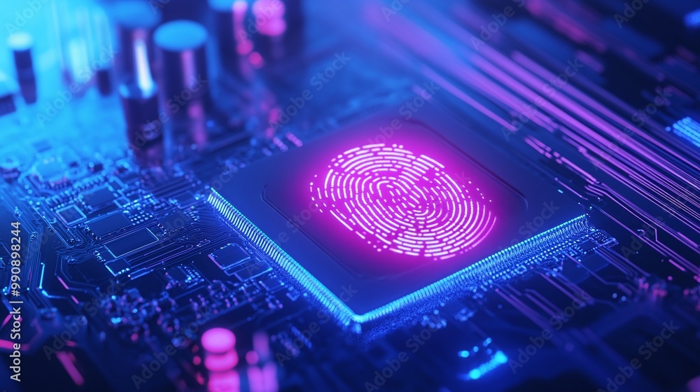 Poster digital fingerprint on a circuit board, neon isolation background digital identity privacy.