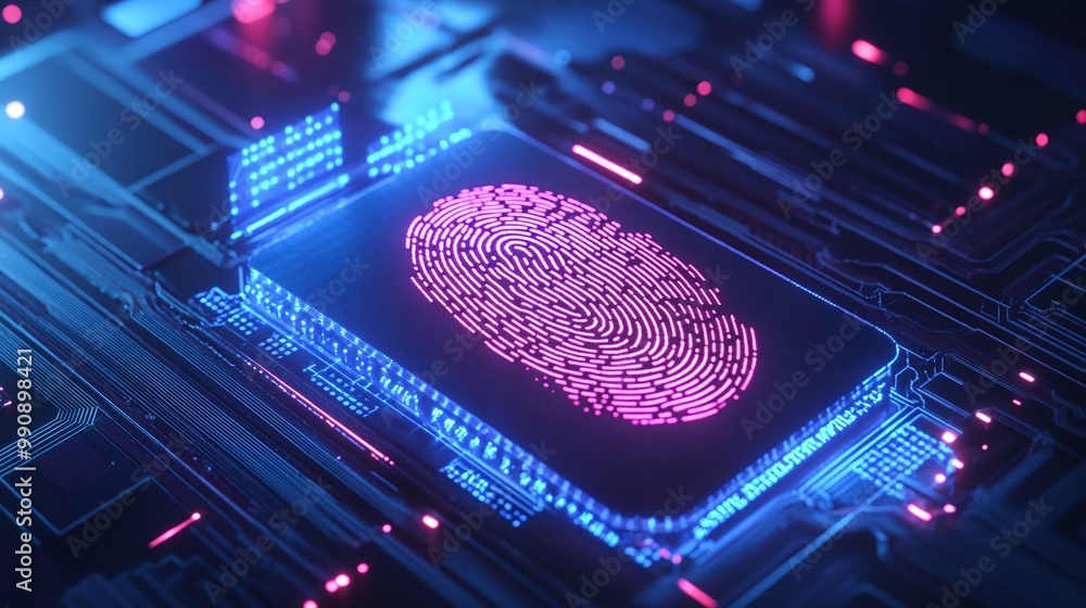 Poster digital fingerprint on a circuit board with glowing lights. digital identity privacy.